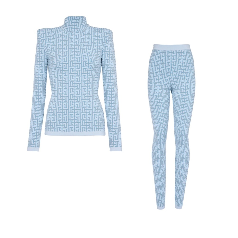 BALMAIN Paris Monogram Knit Pattern Blue Top & Leggings Set 40FR